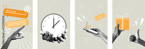 Trendy halftone collage. Concepts of communication, time, shopping and delivery. Concepts of online marketing, online advertising, mailing lists, promotion, e-commerce.