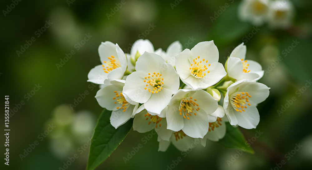 Fototapeta premium Blooming Jasmine Flowers with Green Leaves in Natural Garden Setting
