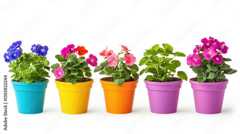 Vibrant Flowers in Colorful Pots on Display Vibrant Flowers in Colorful Pots on Display