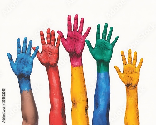 Colorful Hands Raised in Unity.