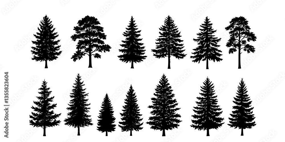 Obraz premium Pine tree silhouettes. Evergreen forest firs and spruces black shapes, wild nature trees templates. Vector illustration woodland trees set on white background
