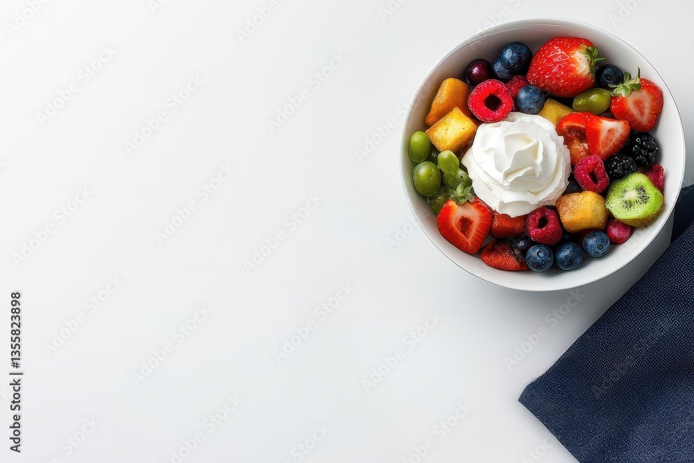 Fresh and Colorful Fruit Salad with Whipped Cream in a White Bowl on a Light Background Fresh and Colorful Fruit Salad with Whipped Cream in a White Bowl on a Light Background