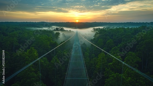 Suspension bridge stretches across dense forest at scenic sunrise
