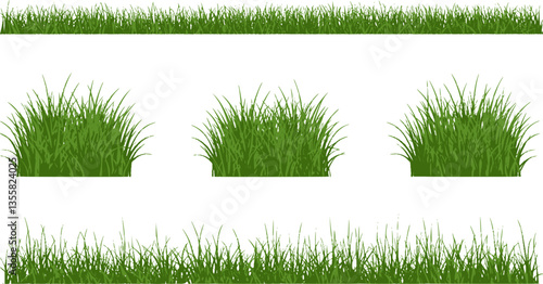Green grass silhouette. Cartoon lines of plants and shrubs for boarding and framing, eco and organic logo element. Vector set spring field planting shapes lawn or borders garden on white background