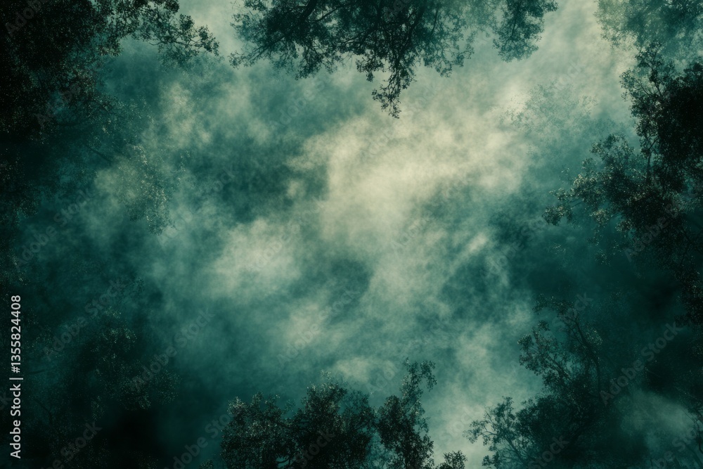 Trees silhouette the foggy sky from a low angle perspective Trees silhouette the foggy sky from a low angle perspective