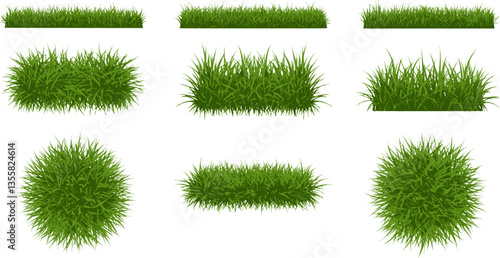 Green grass silhouette. Cartoon lines of plants and shrubs for boarding and framing, eco and organic logo element. Vector set spring field planting shapes lawn or borders garden on white background