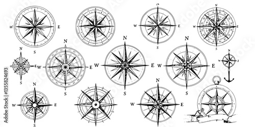 Wind rose. Map directions vintage compass. Ancient marine wind measure vector icons isolated. Isolated old sea or ocean navigation compass for ocean or marine retro cartography, boat or ship