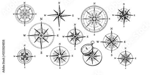 Wind rose. Map directions vintage compass. Ancient marine wind measure vector icons isolated. Isolated old sea or ocean navigation compass for ocean or marine retro cartography, boat or ship
