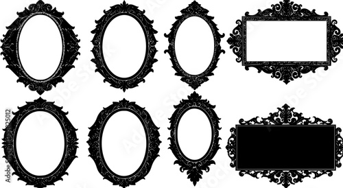 Black vintage frames. Hand drawn silhouettes of decorative square and round borders set for quotes. Elegant retro mirror and picture frameworks collection. Vector wall baroque decor
