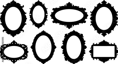 Black vintage frames. Hand drawn silhouettes of decorative square and round borders set for quotes. Elegant retro mirror and picture frameworks collection. Vector wall baroque decor
