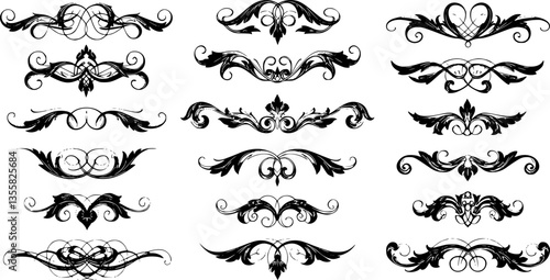 Swirl ornament. Filigree flourish decor, line calligraphy logo or medieval ornate frame, baroque border. Isolated black hand drawn elements for card and poster decorated vector classic art set