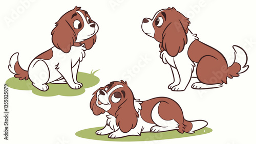 Dog Cavalier King Charles Spaniel Various Colors Poses Cartoon Vector Character in white background.
