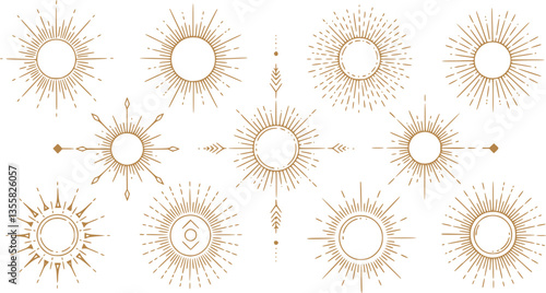 Sun boho logo, yoga icons. Sunset and moon celestial line elements, mystic zodiac eye, magic bohemian rainbow. Outline abstract elegant logotype. Bohemian golden minimal vector illustration