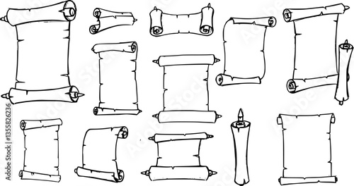 Scroll paper sketch. Ancient parchment roll and medieval epistle letters. Hand drawn antique manuscripts and papyrus. Isolated black and white empty sheets. Vector historical pages set