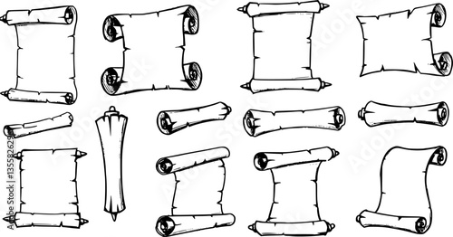 Scroll paper sketch. Ancient parchment roll and medieval epistle letters. Hand drawn antique manuscripts and papyrus. Isolated black and white empty sheets. Vector historical pages set