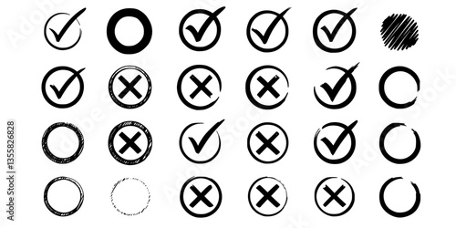 Hand drawn check signs. Doodle checkmarks and crosses. Empty and filled boxes for answers in test, confirmation or negation icons. Checklist pencil marks template, vector voting isolated flat set