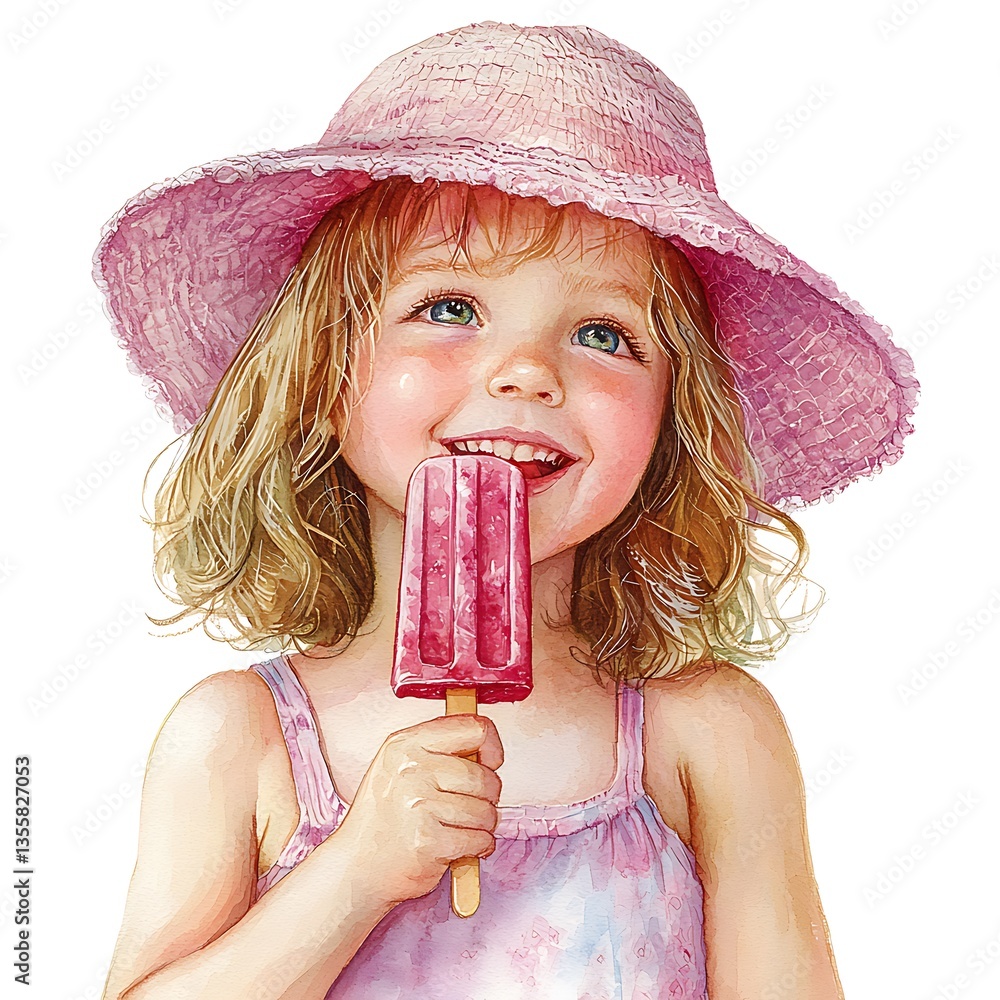 Happy Little Girl Enjoying a Summer Treat Watercolor Painting of a Child with Popsicle. Happy Little Girl Enjoying a Summer Treat Watercolor Painting of a Child with Popsicle.
