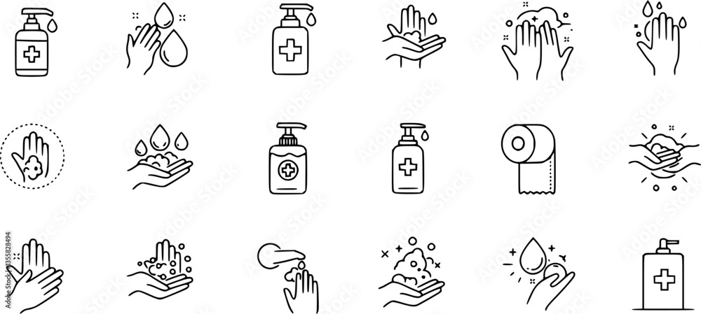 Obraz premium Hand wash icons. Clean palms with water and soap suds. Rub foam dryer and wipe signs. Outline towel and paper napkin. Cleanser bottle dispenser. Arm sanitizer. Vector hygiene symbols set