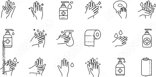 Hand wash icons. Clean palms with water and soap suds. Rub foam dryer and wipe signs. Outline towel and paper napkin. Cleanser bottle dispenser. Arm sanitizer. Vector hygiene symbols set