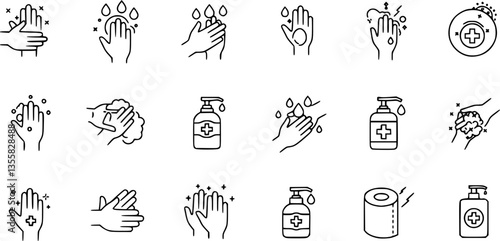 Hand wash icons. Clean palms with water and soap suds. Rub foam dryer and wipe signs. Outline towel and paper napkin. Cleanser bottle dispenser. Arm sanitizer. Vector hygiene symbols set