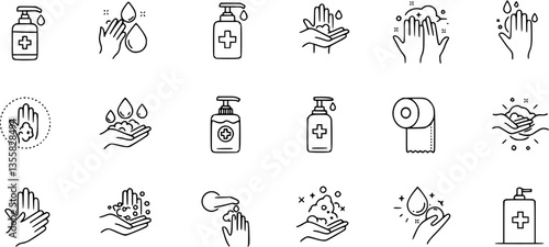 Hand wash icons. Clean palms with water and soap suds. Rub foam dryer and wipe signs. Outline towel and paper napkin. Cleanser bottle dispenser. Arm sanitizer. Vector hygiene symbols set