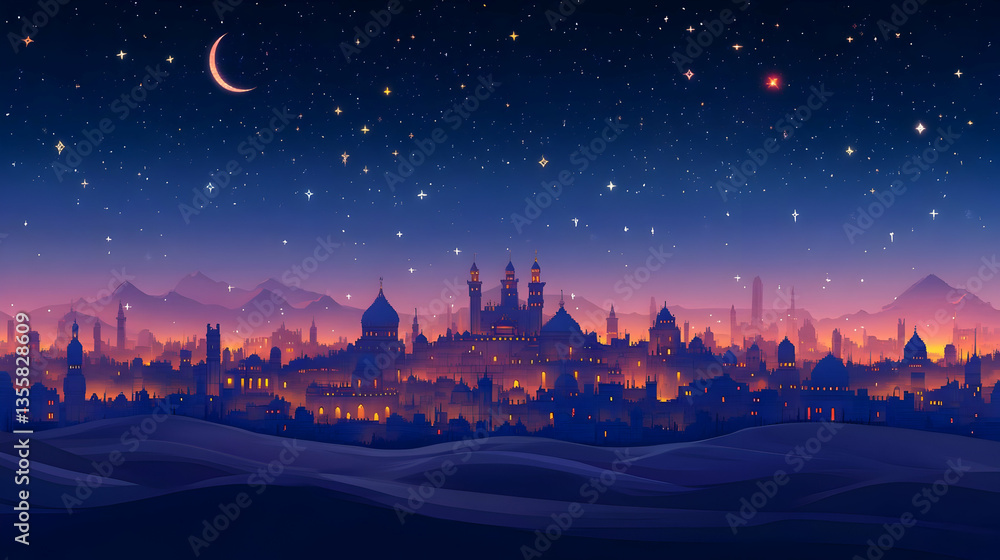 Naklejka premium Pixel Art Fantasy Cityscape At Night