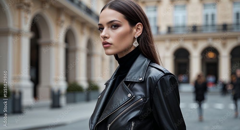 Fototapeta premium Bold slim woman in leather jacket over bare shoulders edgy street style photography model