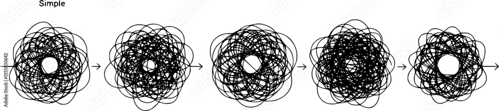 Messy icons. Easy and complex lines. Isolated arrows outgoing from point, tangled stripes. Geometric elements, confusing routes and driving directions. Difficult process, vector minimalist flat set Messy icons. Easy and complex lines. Isolated arrows outgoing from point, tangled stripes. Geometric elements, confusing routes and driving directions. Difficult process, vector minimalist flat set