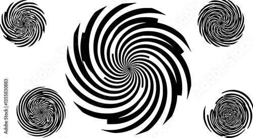 Optical illusion, hypnotic spiral patterns, black and white abstract design, geometric swirls, psychedelic art, concentric circles, rotating vortex, symmetrical composition, dizzying visual effect