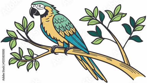 Vector illustration of a parrot, outlined and colored
in white background.
