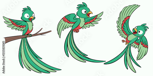 Quetzal Bird Various Poses Cartoon Vector Character in white background.
