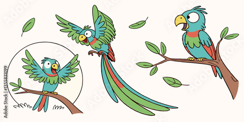 Quetzal Bird Various Poses Cartoon Vector Character in white background.
