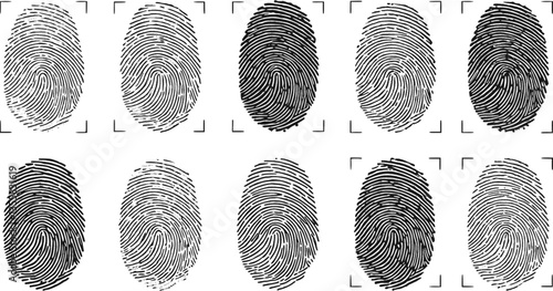 Thumb finger prints. Access icons. Forefinger imprint. ID logo. Identity detection. Fingerprint and thumbprint. Biometric identification. Line touch pattern. Vector isolated symbols set