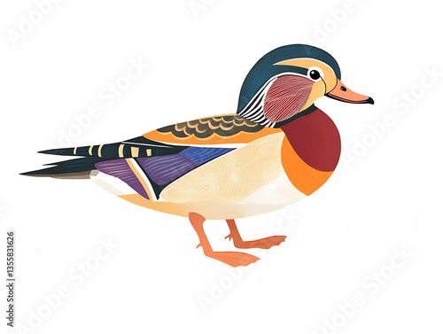A vibrant male Mandarin duck stands on rocks, showcasing its striking plumage.