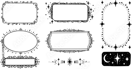 Aesthetic frame elements. Y2k stars and lines, minimal geometric cute design, minimalist ovals and arch, retro sparkle figures. Decorative abstract, shapes for posters. Vector boho graphic