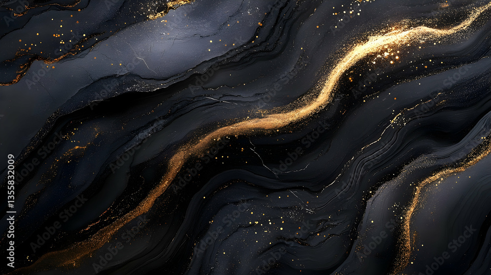 Obraz premium Abstract dark marble texture with golden veins and glittering particles, suitable for backgrounds