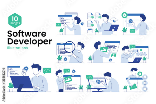 Programming Illustration Set. Different characters working on web and application development on computers. Software developers. Flat vector style illustrations