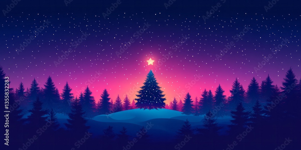 Fototapeta premium Starry christmas night with tree on a snowy hill