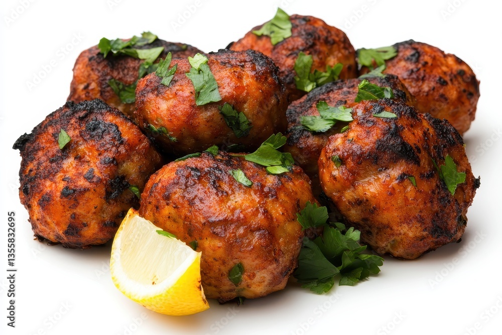 Savory Grilled Meatballs with Fresh Herbs and Lemon Garnish on White Background Savory Grilled Meatballs with Fresh Herbs and Lemon Garnish on White Background
