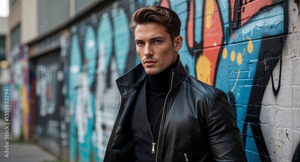 Fototapeta premium Charismatic striking man in partially unzipped jacket by graffiti wall urban edge photography model