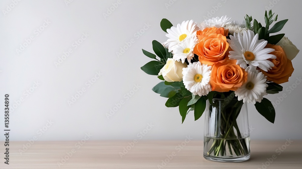 Fresh bouquet of daisies and roses in vase, studio shot, elegant backdrop Fresh bouquet of daisies and roses in vase, studio shot, elegant backdrop