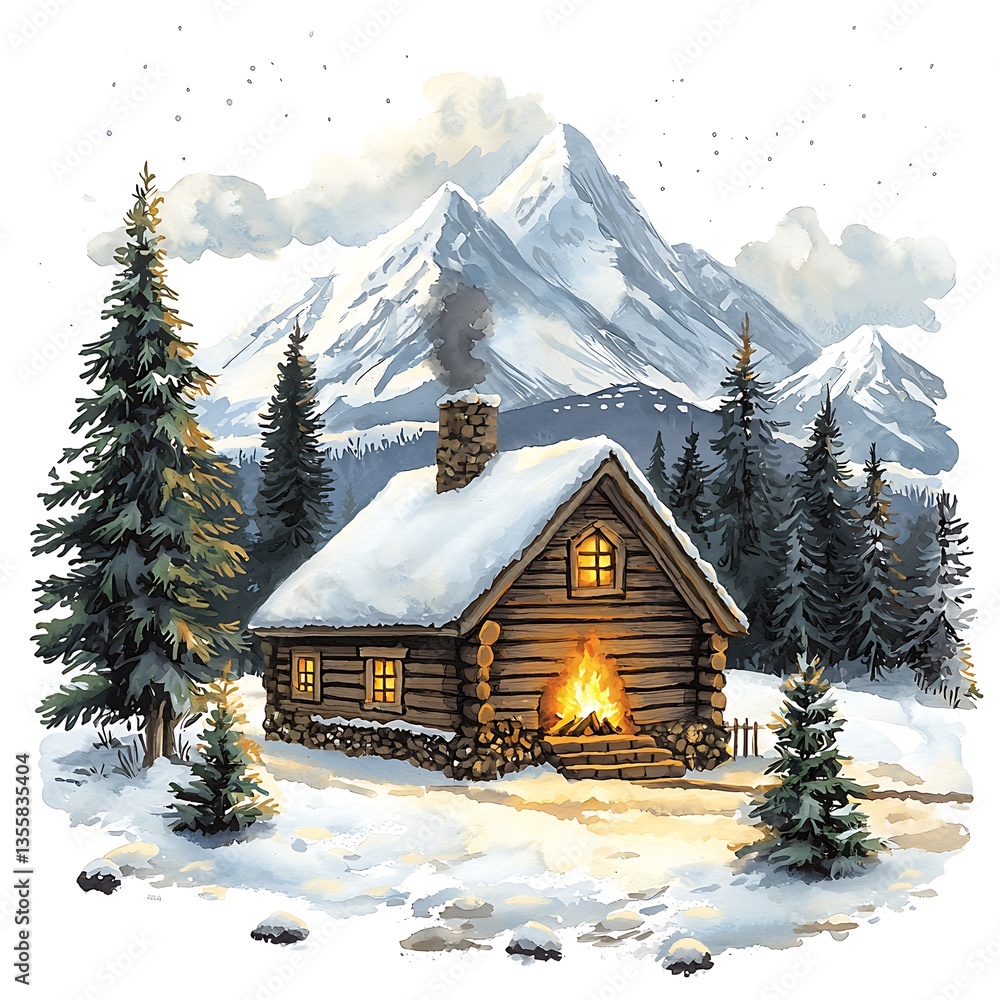 Fototapeta premium Cozy Cabin in Snowy Mountains A Winter Wonderland Illustration.