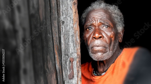 Elderly African Man  Weathered Face  Wooden Doorway  Portrait Photography