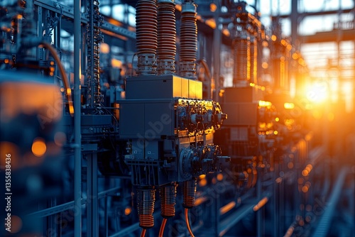 Complex industrial machinery details under bright illuminating warm sunlight