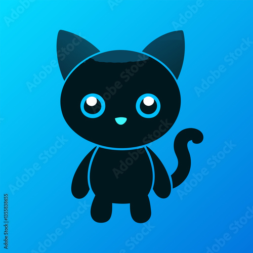 Cute black kitten cartoon illustration shows a funny feline character, a lovable domestic pet with a tail, in a fun vector art design