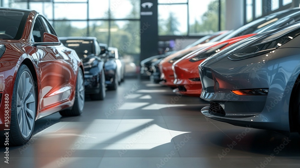 Several shiny cars are parked inside a well lit showroom space Several shiny cars are parked inside a well lit showroom space