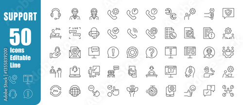 Set of editable support and assistance icons. Assistance, help, service, support, technical, communication. Modern-style vector illustration