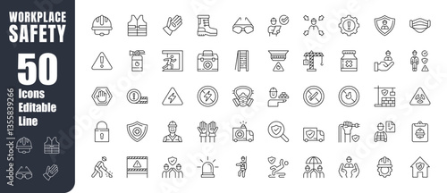 Set of editable workplace safety icons. Prevention, protection, occupational risks, safety equipment, regulations. Modern-style vector illustration