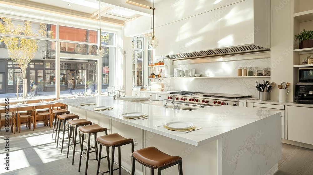 A Luxurious Kitchen Features A Large Island And Stools For Seating A Luxurious Kitchen Features A Large Island And Stools For Seating