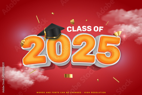 Realistic 3d text effect for class of 2025 graduation with red gradient background